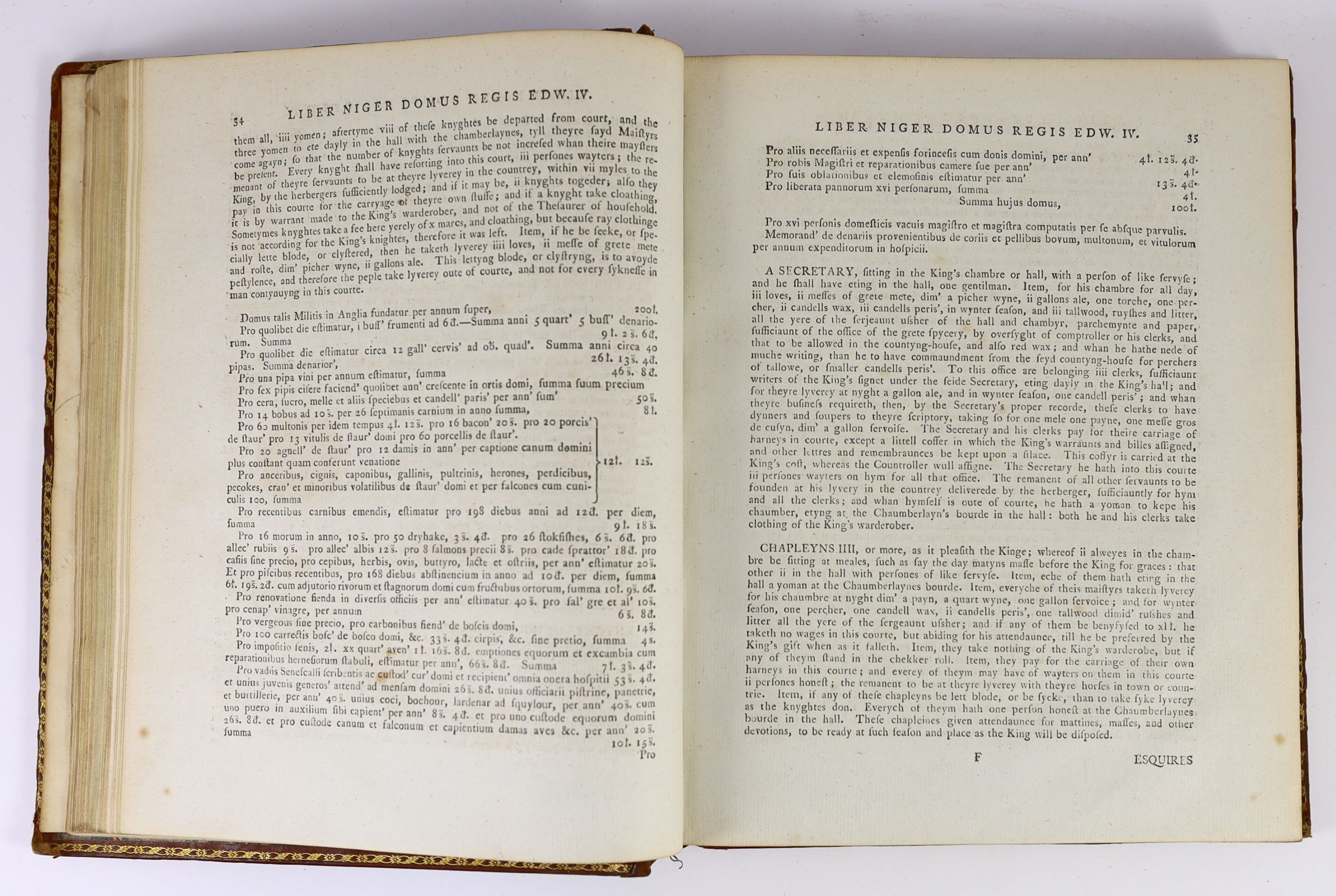 (Royal Household) - A Collection of Ordinances and Regulations for the Government of the Royal Household..... also Receipts in Ancient Cookery. engraved title device; contemp. diced calf, gilt ruled and lettered spine, m